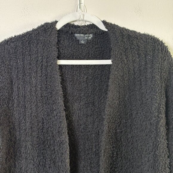 Barefoot Dreams CozyChic Boardwalk Cardigan Size L Black Fringe Open Front Knit - Picture 2 of 10
